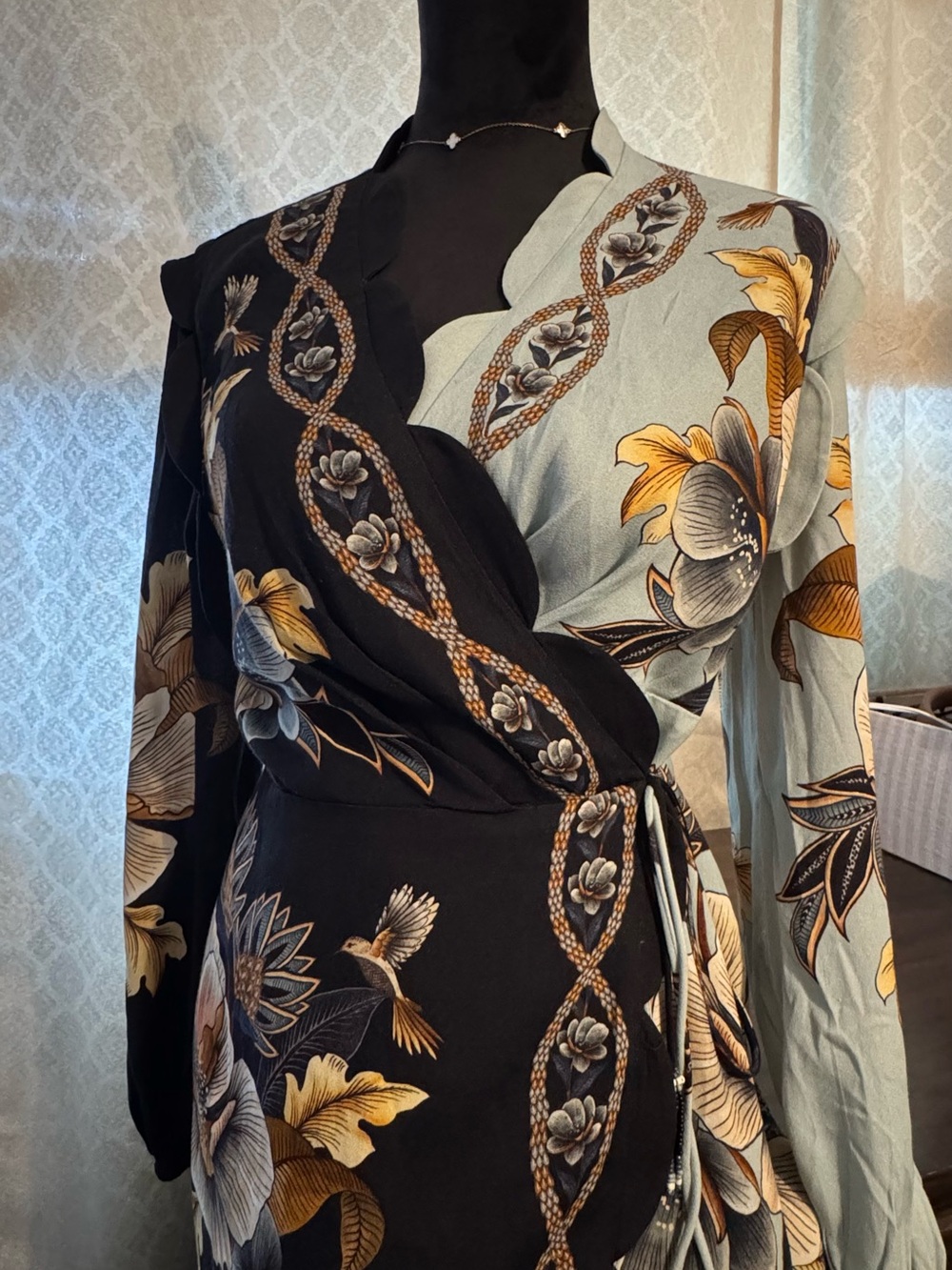 FARM Rio Two-Tone Floral Wrap Dress in Black and Light Blue